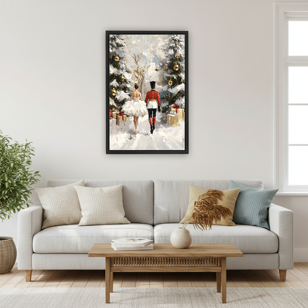 Snowy Nutcracker Walk Canvas Wall Art framed above a cream sofa with blue cushions.