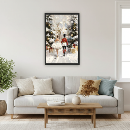 Snowy Nutcracker Walk Canvas Wall Art framed above a cream sofa with blue cushions.