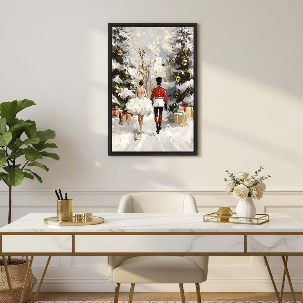Snowy Nutcracker Walk Canvas Wall Art framed above a white desk with gold legs and plants.