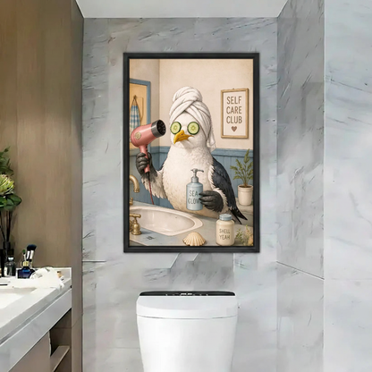Self Care Seagull Canvas Wall Art framed above a toilet against gray marble bathroom walls.