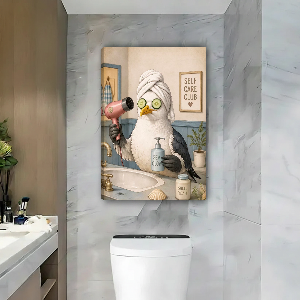 Self Care Seagull Canvas Wall Art unframed above a toilet against gray marble bathroom walls.