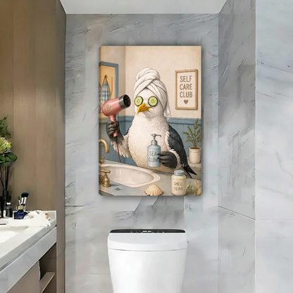 Self Care Seagull Canvas Wall Art unframed above a toilet against gray marble bathroom walls.