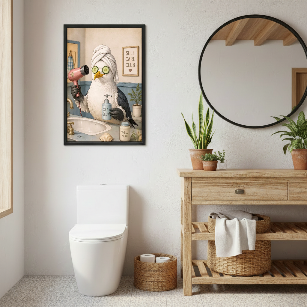 Self Care Seagull Canvas Wall Art framed above a toilet beside wood vanity and round mirror.