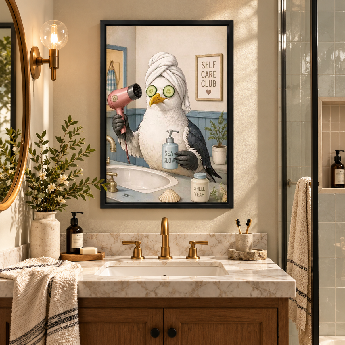 Self Care Seagull Canvas Wall Art framed above a warm bathroom vanity between wall lights.