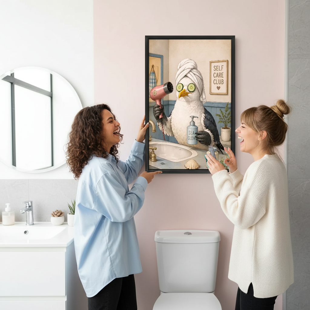 Self Care Seagull Canvas Wall Art held by two women beside a bathroom mirror and toilet.