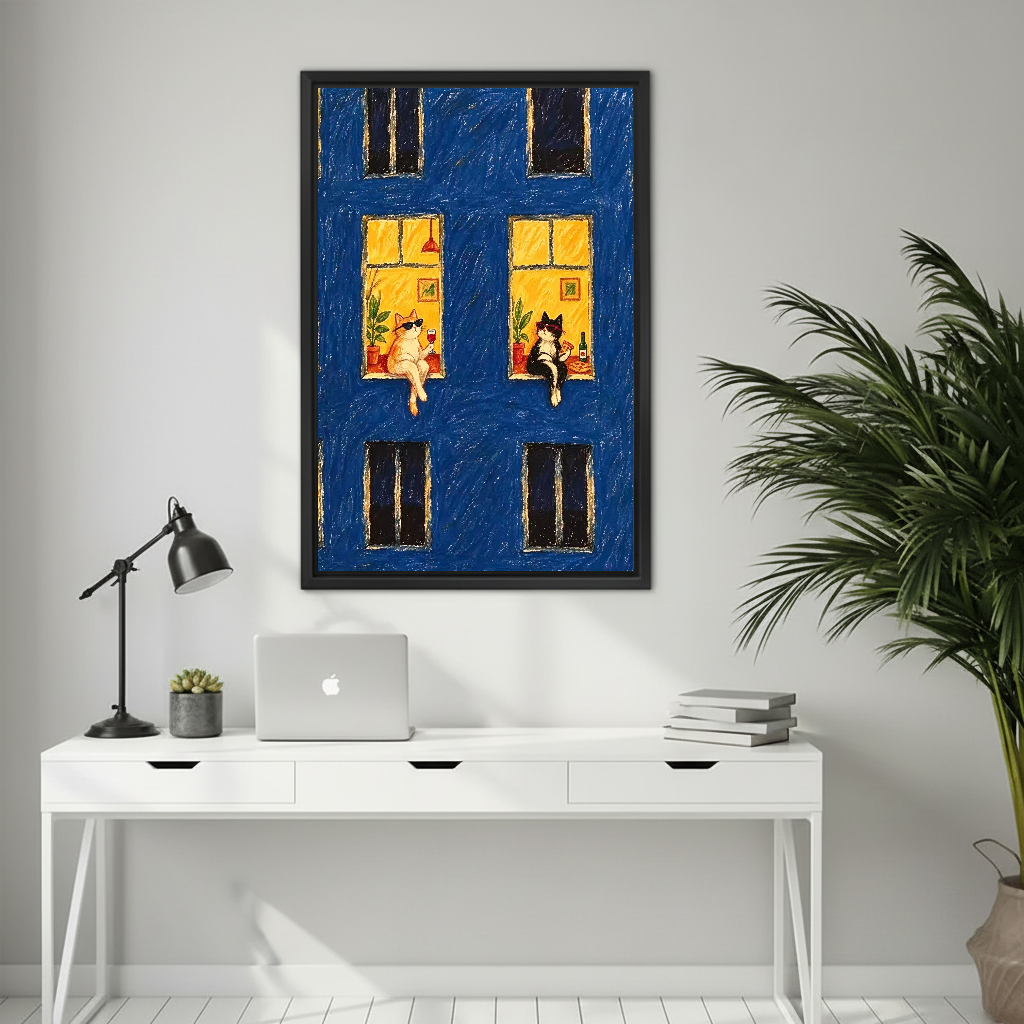 Midnight Window Cats Canvas Wall Art framed above a white desk with laptop and task lamp.