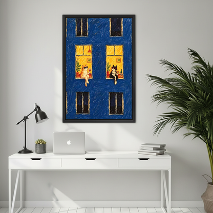 Midnight Window Cats Canvas Wall Art framed above a white desk with laptop and task lamp.