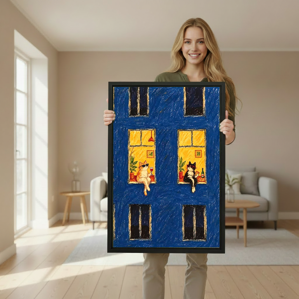 Midnight Window Cats Canvas Wall Art held in a black portrait frame by a standing woman.