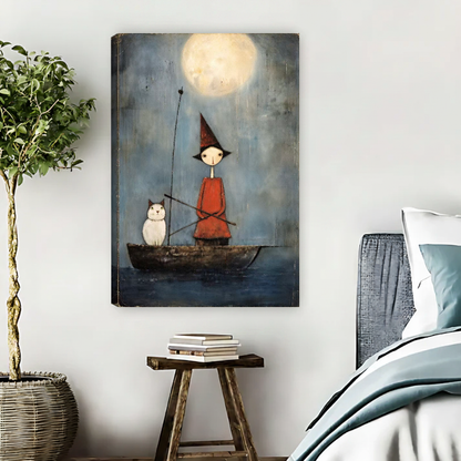 Moonlit Cat Boat Canvas Wall Art unframed above pale blue bedding beside a potted tree.