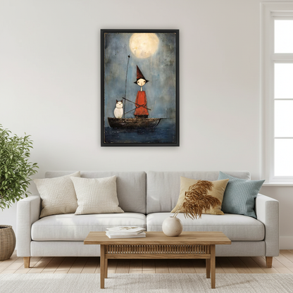 Moonlit Cat Boat Canvas Wall Art framed above a cream sofa with blue cushions.