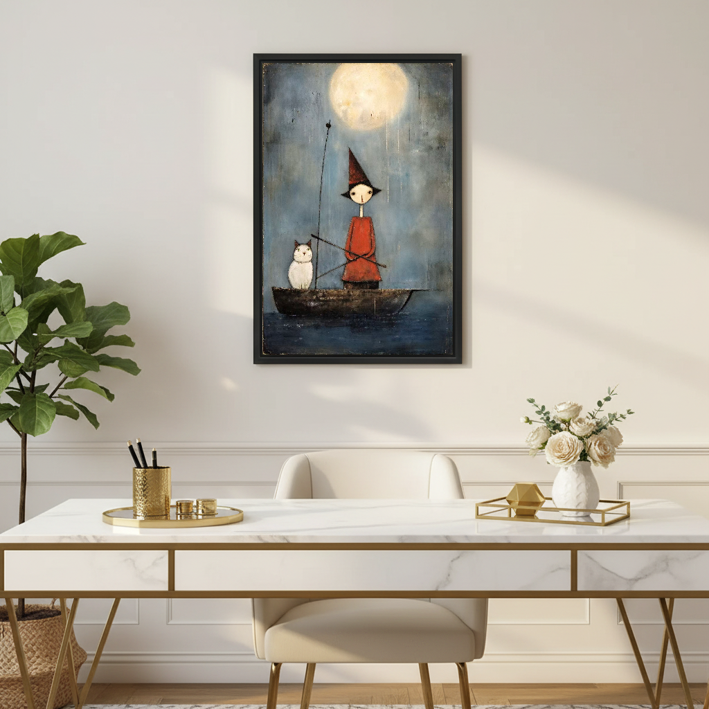 Moonlit Cat Boat Canvas Wall Art framed above a white desk with gold legs and plants.
