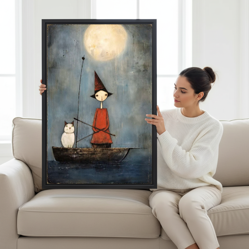Moonlit Cat Boat Canvas Wall Art held by a seated woman beside a cream sofa.