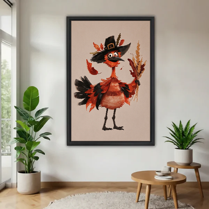Harvest Bird Pilgrim Canvas Wall Art framed above a pale wood table beside green plants.