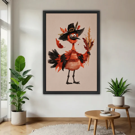 Harvest Bird Pilgrim Canvas Wall Art framed above a pale wood table beside green plants.