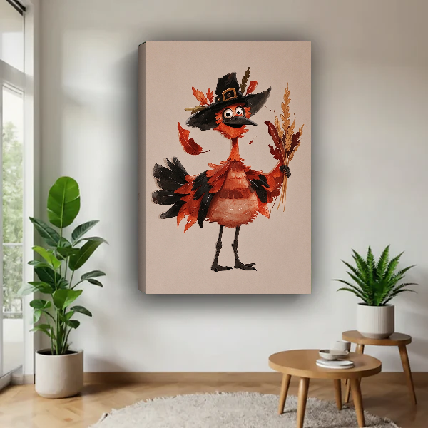 Harvest Bird Pilgrim Canvas Wall Art unframed above a pale wood table beside green plants.