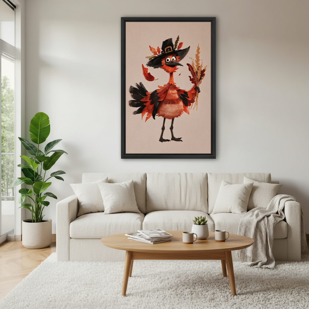 Harvest Bird Pilgrim Canvas Wall Art framed above a cream sofa and round wood table.