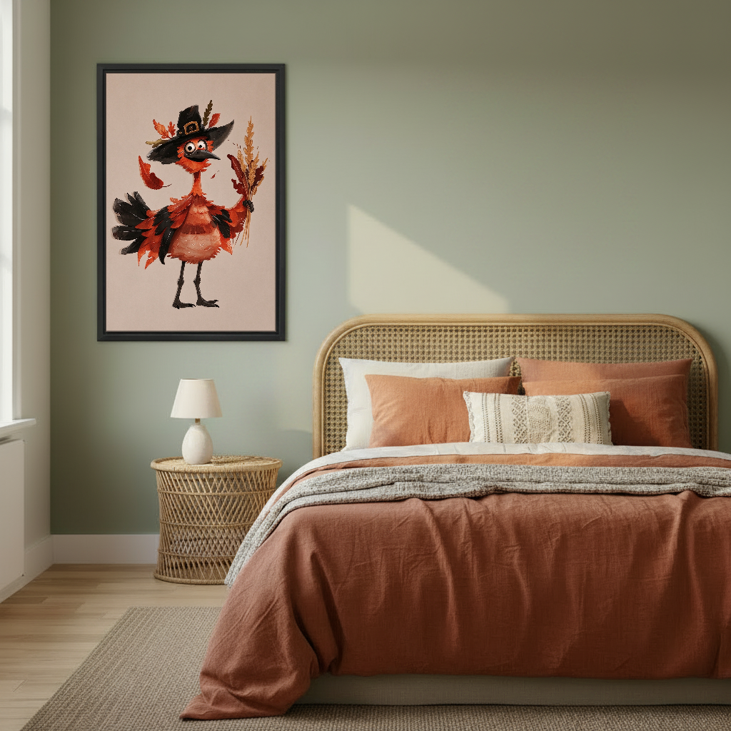 Harvest Bird Pilgrim Canvas Wall Art framed above rust bedding against a muted olive wall.