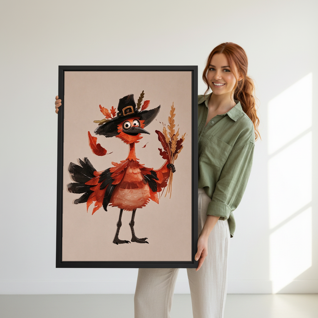 Harvest Bird Pilgrim Canvas Wall Art held in a black frame by a woman in green.