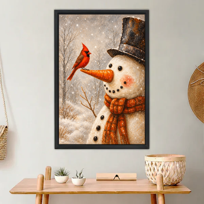 Snowman Cardinal Friend Canvas Wall Art framed above a light wood console with cacti.