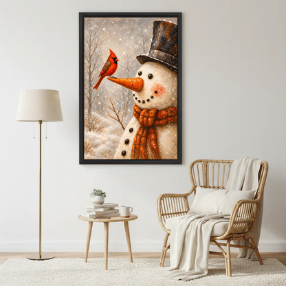 Snowman Cardinal Friend Canvas Wall Art framed beside a wicker armchair and brass floor lamp.