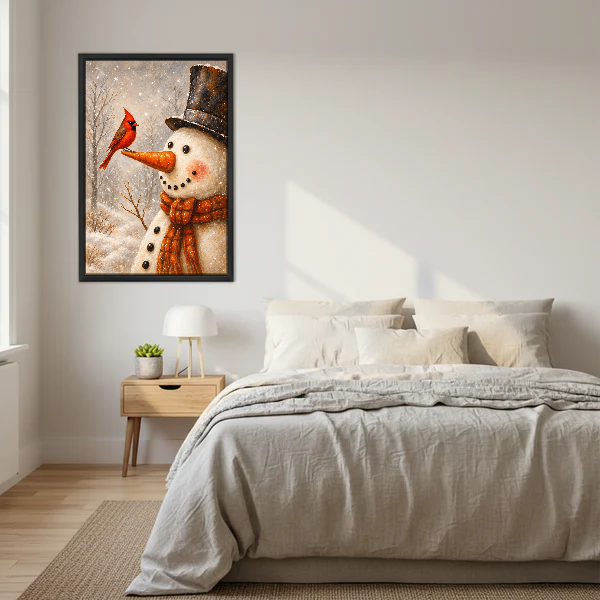 Snowman Cardinal Friend Canvas Wall Art framed above cream bedding and pale wood nightstands.