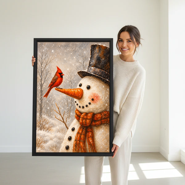 Snowman Cardinal Friend Canvas Wall Art held in a black frame by a woman in cream.