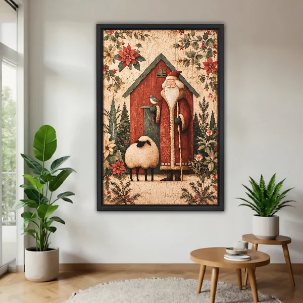 Santa Barn Companions Canvas Wall Art framed above a pale wood table beside green plants.