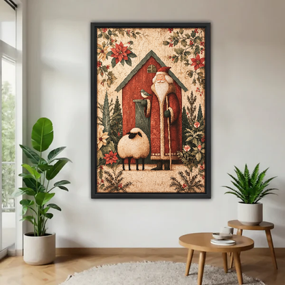 Santa Barn Companions Canvas Wall Art framed above a pale wood table beside green plants.