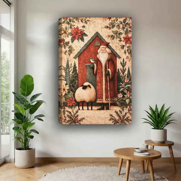 Santa Barn Companions Canvas Wall Art unframed above a pale wood table beside green plants.