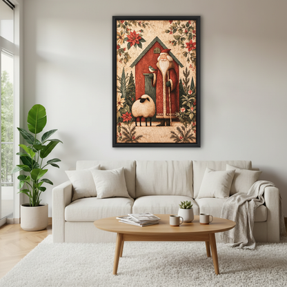 Santa Barn Companions Canvas Wall Art framed above a cream sofa and round wood table.