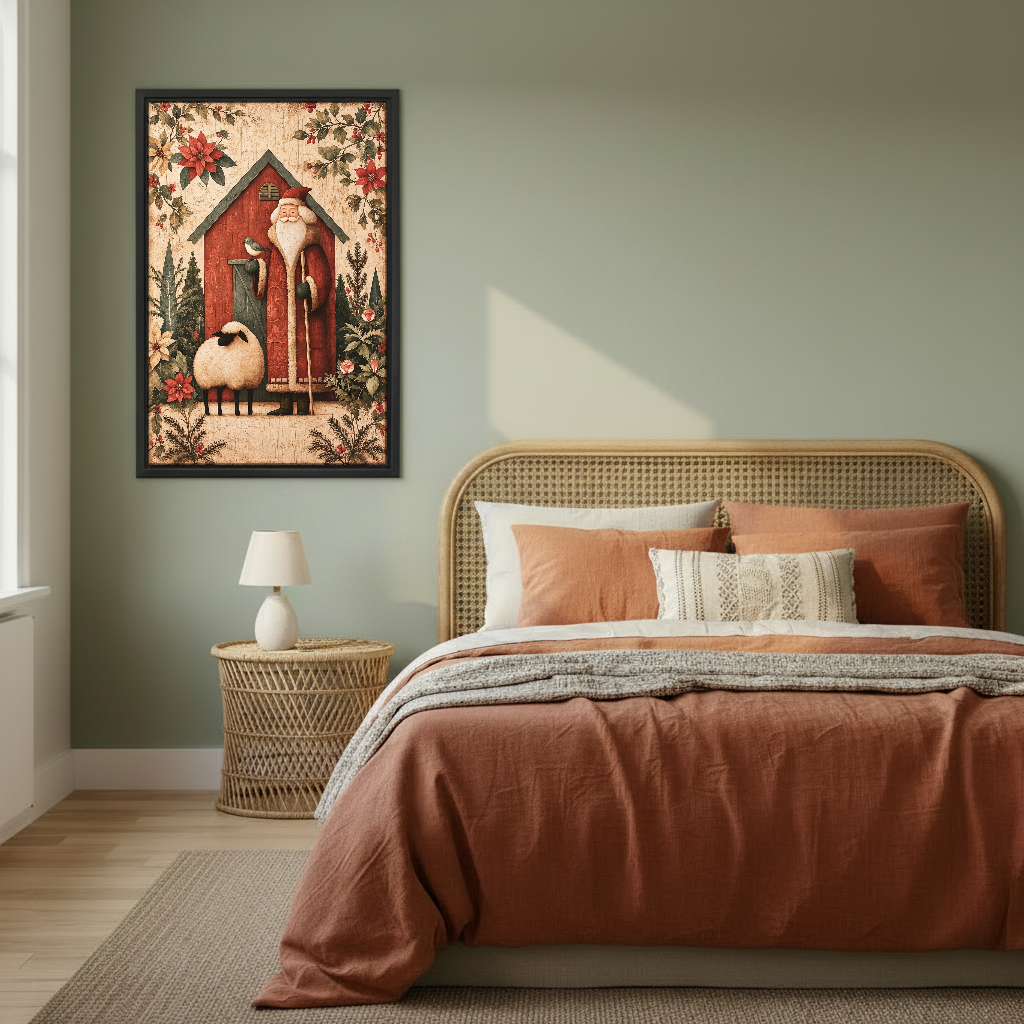 Santa Barn Companions Canvas Wall Art framed above rust bedding against a muted olive wall.