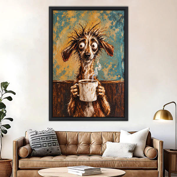 Shaggy Dog Coffee Canvas Wall Art framed above a brown leather sofa and brass lamp.