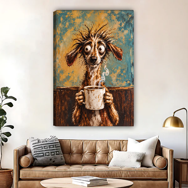 Shaggy Dog Coffee Canvas Wall Art unframed above a brown leather sofa and brass lamp.