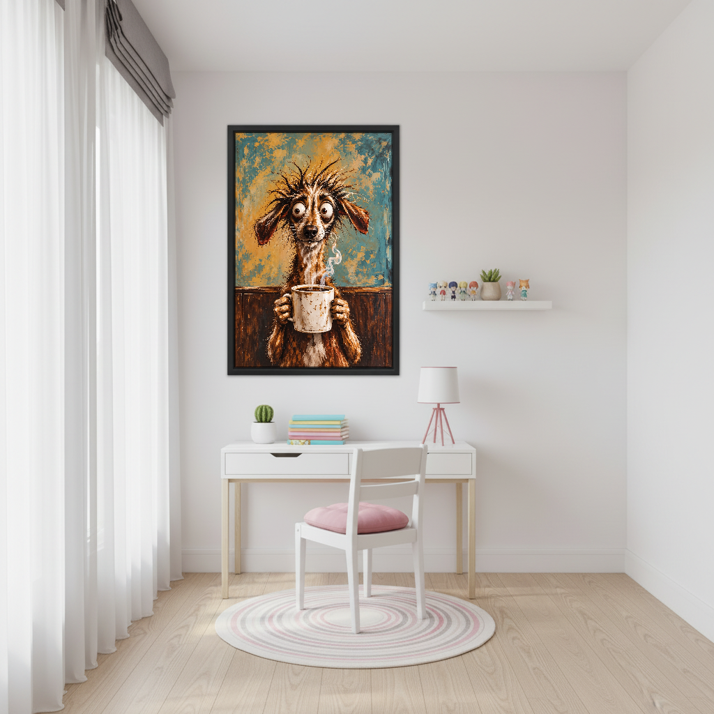 Shaggy Dog Coffee Canvas Wall Art framed above a white desk beside a pale pink chair.