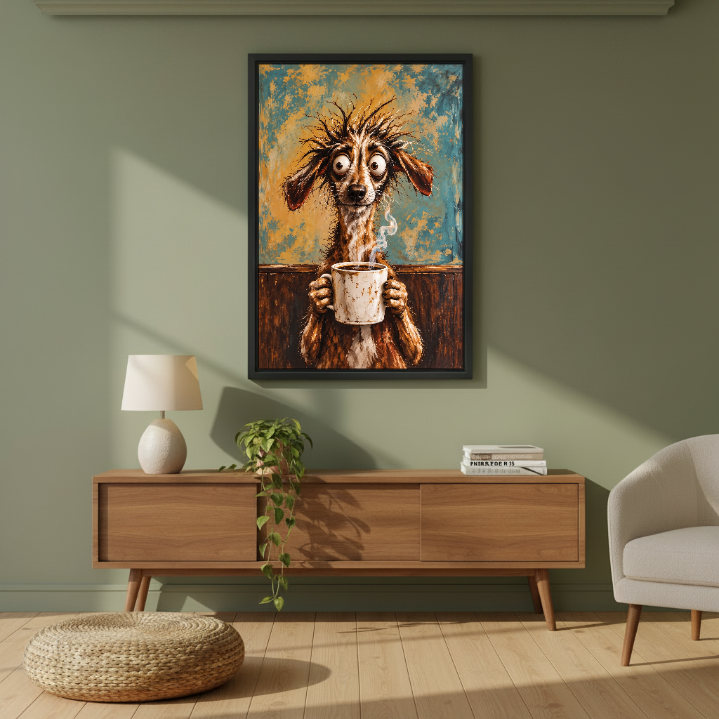 Shaggy Dog Coffee Canvas Wall Art framed above a wood console against an olive wall.