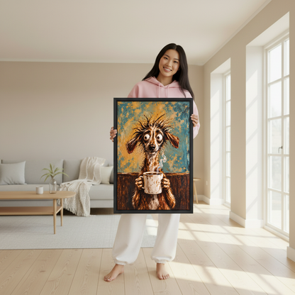 Shaggy Dog Coffee Canvas Wall Art held in a black frame by a woman in pink.