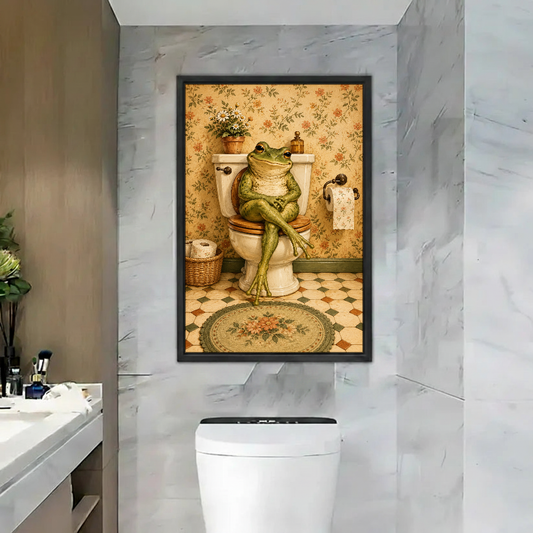 Cross Legged Toilet Frog Canvas Wall Art framed above a toilet against gray marble bathroom walls.