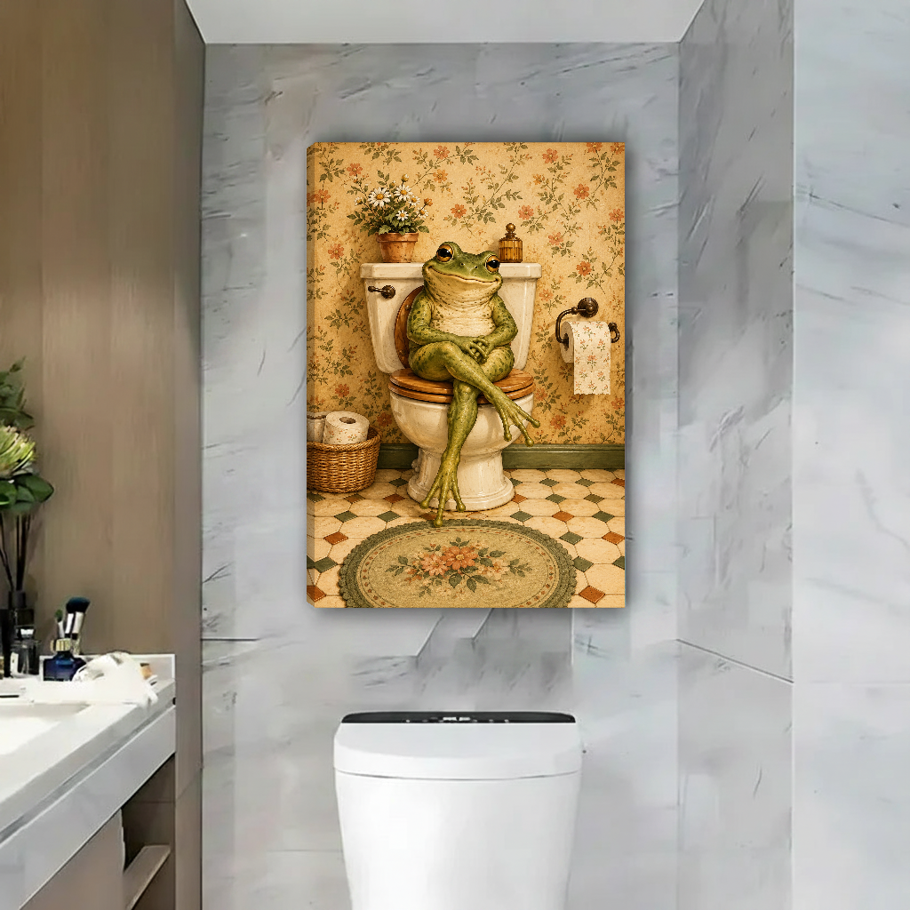 Cross Legged Toilet Frog Canvas Wall Art unframed above a toilet against gray marble bathroom walls.