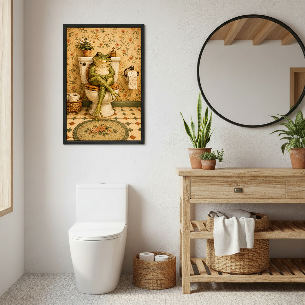 Cross Legged Toilet Frog Canvas Wall Art framed above a toilet beside wood vanity and round mirror.