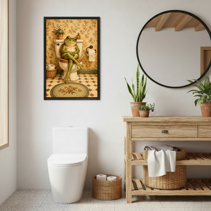 Cross Legged Toilet Frog Canvas Wall Art framed above a toilet beside wood vanity and round mirror.