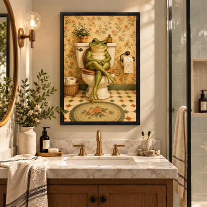 Cross Legged Toilet Frog Canvas Wall Art framed above a warm bathroom vanity between wall lights.