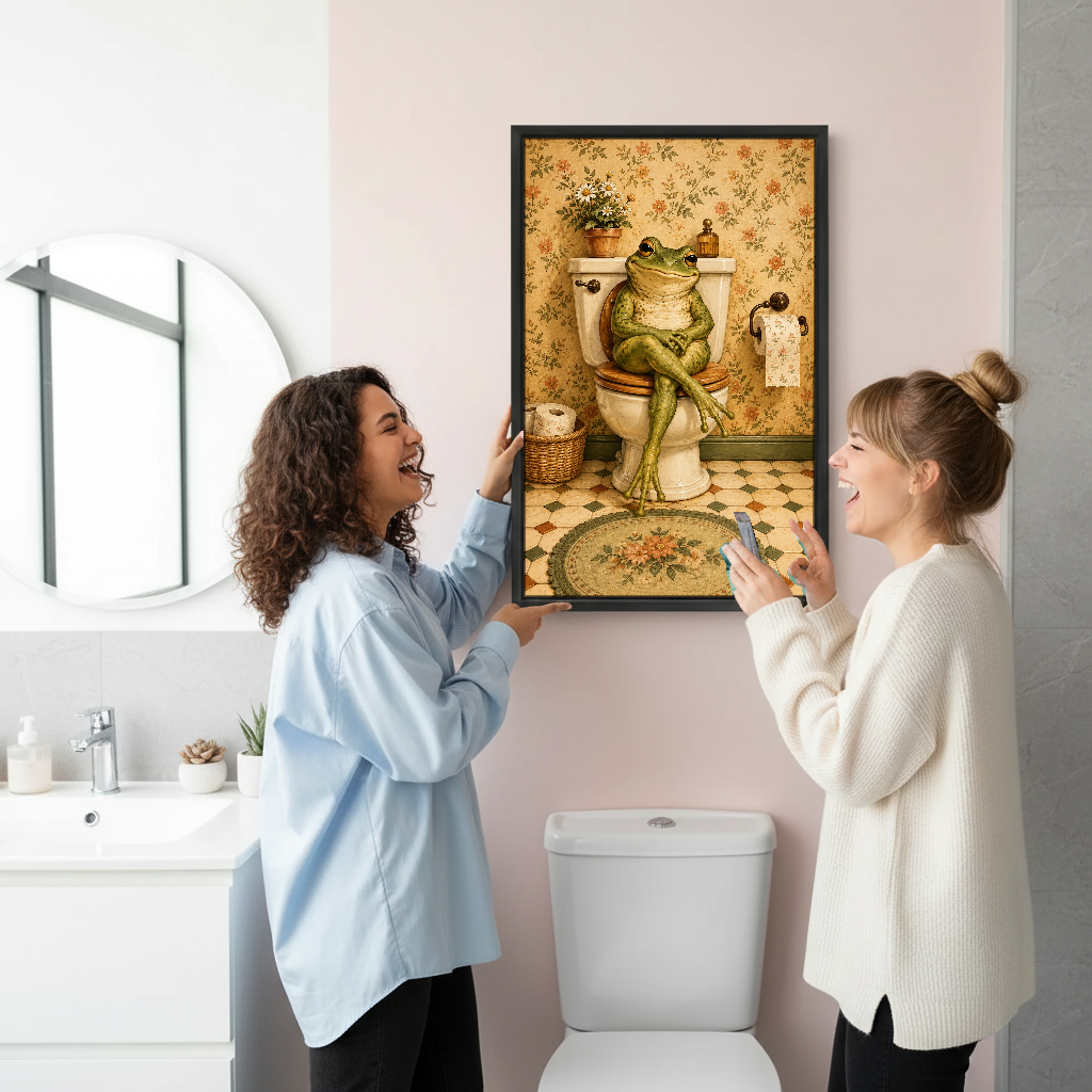 Cross Legged Toilet Frog Canvas Wall Art held by two women beside a bathroom mirror and toilet.