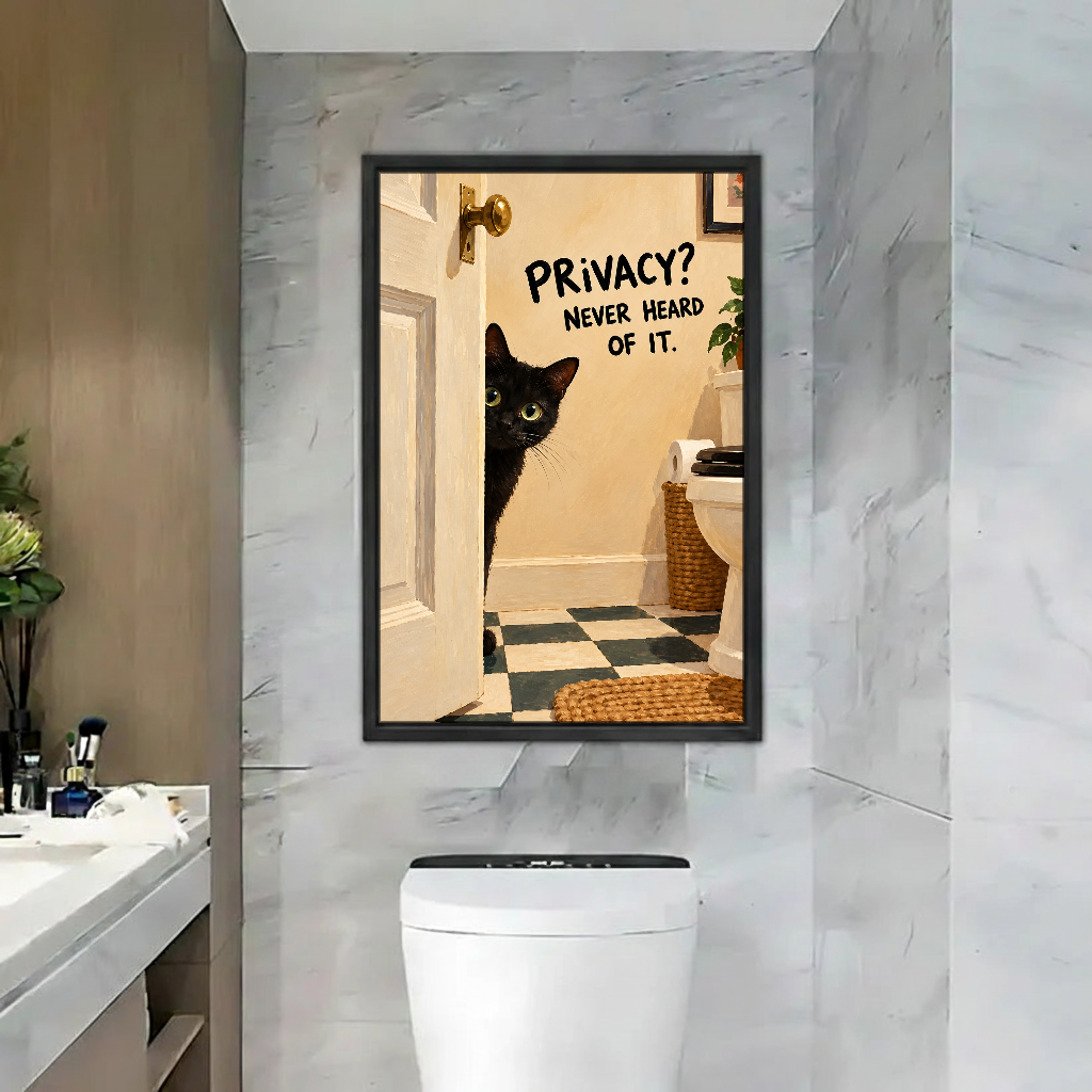Privacy Cat Bathroom Canvas Wall Art framed above a toilet against gray marble bathroom walls.