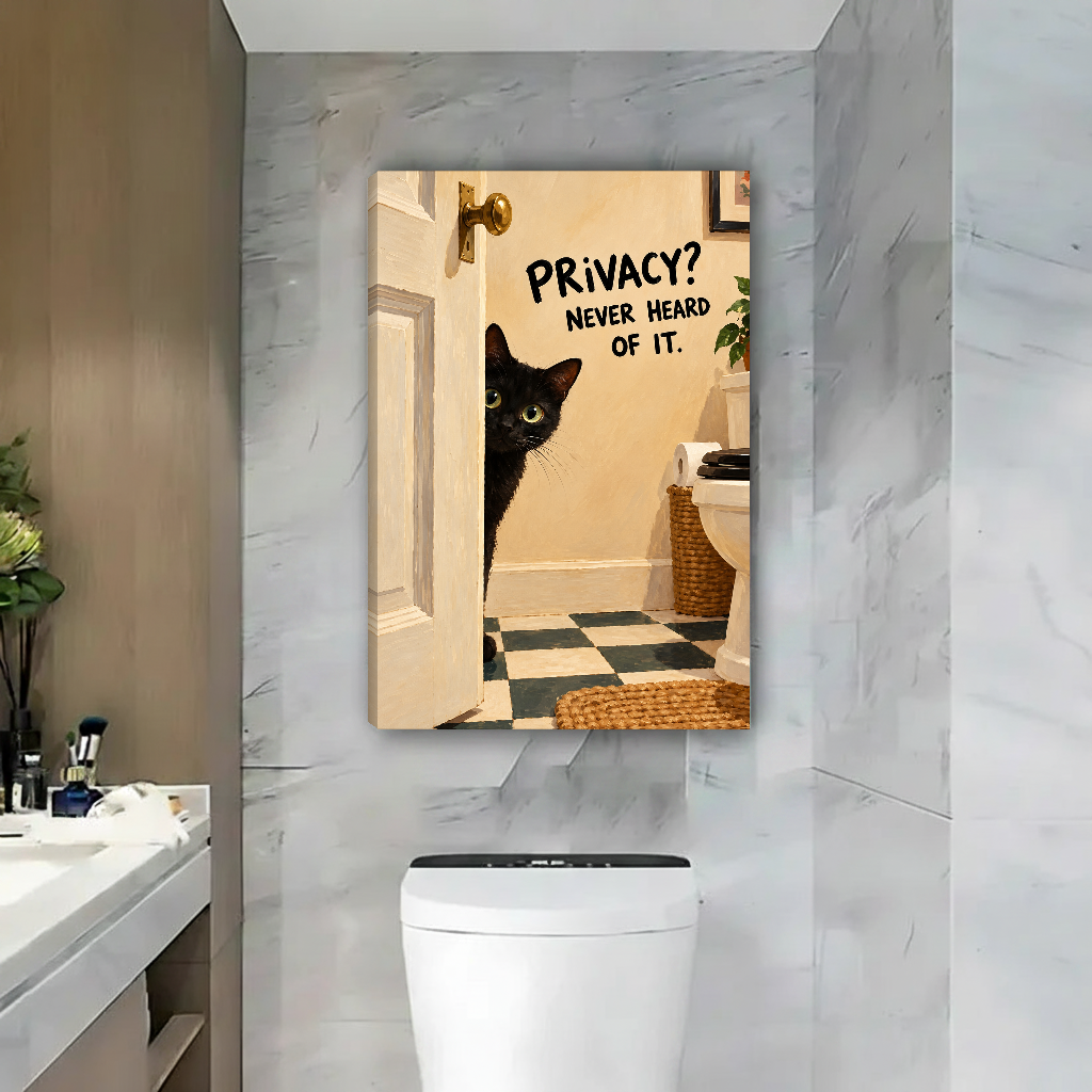 Privacy Cat Bathroom Canvas Wall Art unframed above a toilet against gray marble bathroom walls.