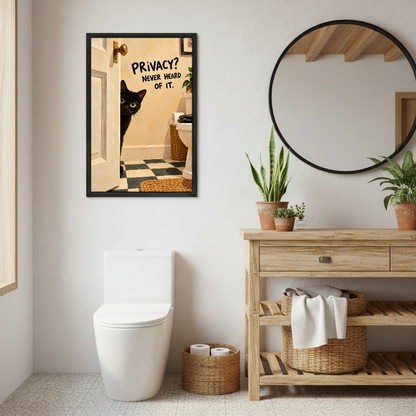 Privacy Cat Bathroom Canvas Wall Art framed above a toilet beside wood vanity and round mirror.