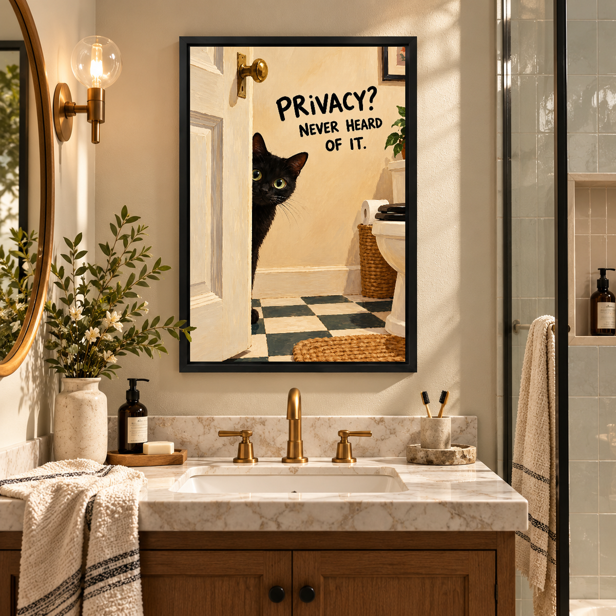 Privacy Cat Bathroom Canvas Wall Art framed above a warm bathroom vanity between wall lights.