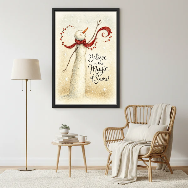 Magic of Snow Snowman Canvas Wall Art framed beside a wicker armchair and brass floor lamp.