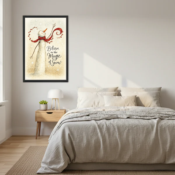 Magic of Snow Snowman Canvas Wall Art framed above cream bedding and pale wood nightstands.