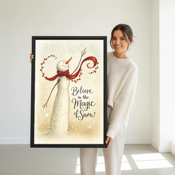 Magic of Snow Snowman Canvas Wall Art held in a black frame by a woman in cream.