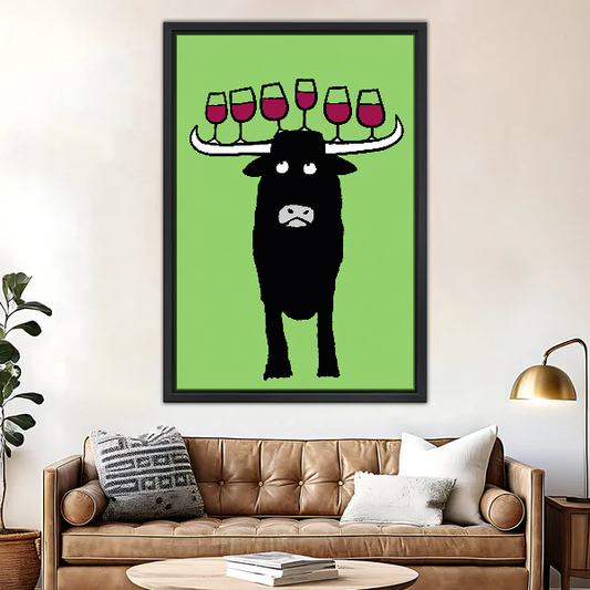 Longhorn Wine Balance Canvas Wall Art framed above a brown leather sofa and brass lamp.